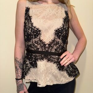 LOFT Lace Overlay Sleeveless Blouse - Black and Cream
